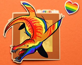 Lgbtqia pride month  flag dinosaur marine reptile stickers: Lio-PRIDE-odon pun sticker