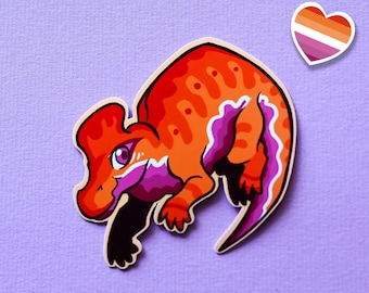 Cute Lgbtqia pride month flag dinosaur stickers: Sapphic lesbian pun sticker LESB-eosaurus