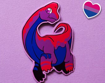 Cute Lgbtqia pride month flag dinosaur stickers: Bisexual pun sticker BI-rachiosaurus