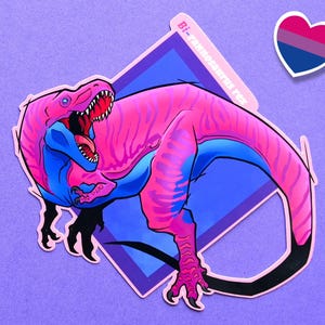 Pegatinas de dinosaurio tiranosaurio rex con la bandera del mes del orgullo LGBTQIA: Pegatina con un juego de palabras de Bi-rannosaurus