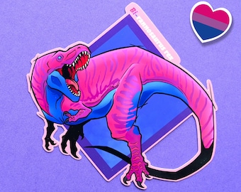 Lgbtqia pride month  flag dinosaur tyrannosaurus rex stickers: Bi-rannosaurus pun sticker