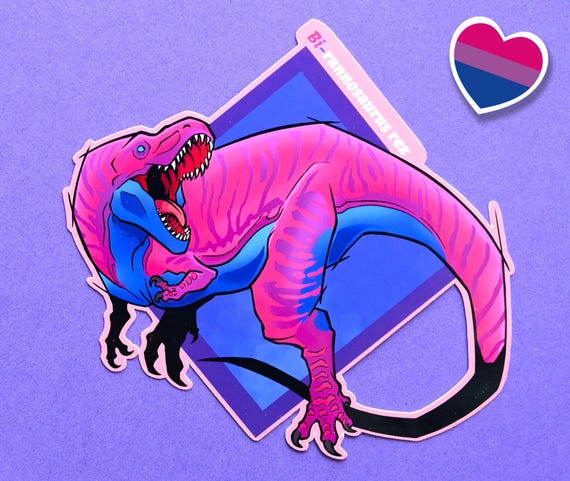 Lgbtqia pride month  flag dinosaur tyrannosaurus rex stickers: Bi-rannosaurus pun sticker