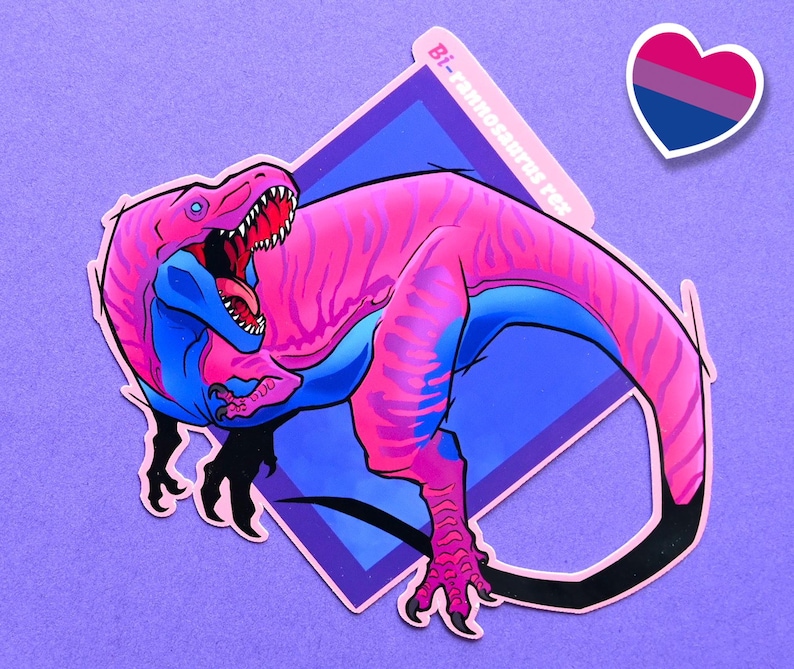 May include: A pink and blue dinosaur with a bi-pansexual pride flag heart in the background. The dinosaur is in a diamond-shaped frame with the text "Bi-Pansexual Rex" on the top.