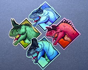 Aesthetic Dinosaur Paleo Art  Vinyl Sticker Collection:  Carnotaurus, Ceratosaurus, Yutyrannus and Cryolophosaurus