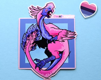 Lgbtqia pride month  flag dinosaur oviraptor stickers: Omni-raptor omnisexual sticker
