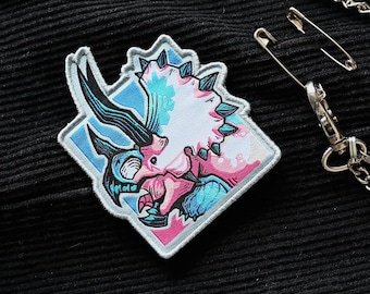 Dinosaur LGBTQ pride month flag iron-on woven patch: TRANS-ceratops