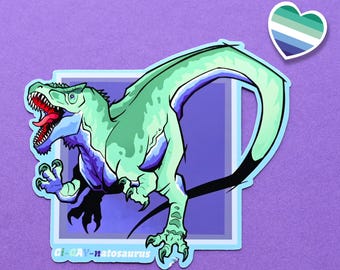 Lgbtqia pride month  flag dinosaur giganotosaurus stickers: Gi-gay-notosaurus mlm flag sticker