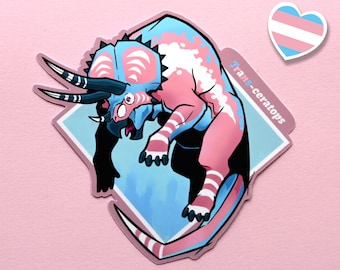 Lgbtqia pride month flag dinosaur triceratops stickers: Trans-ceratops pun sticker