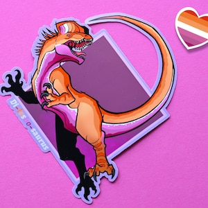 Adesivi del dilofosauro del dinosauro con bandiera del mese dell'orgoglio LGBTQIA: adesivo del gioco di parole Di-lesbo-saurus