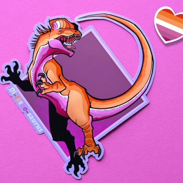 Lgbtqia stolz Monat Dinosaurier Dilophosaurus Aufkleber: Di-Lesbo-Saurus Wortspiel Aufkleber