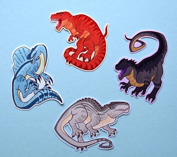 Cute and fun dinosaur carnivore theropod sticker bundle: Spinosaurus, Giganotosaurus, Saurophaganax and Tyrannosaurus rex