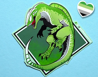 Lgbtqia pride month  flag dinosaur Acrocanthosaurus stickers: Aro-canthosaurus aromantic flag sticker