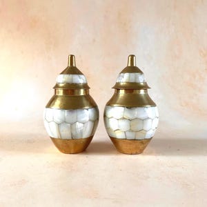 Vintage Indian Brass and Mother of Pearl Lidded Pots