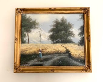 Vintage Gold Framed Oil Painting, Lady in a Golden Field