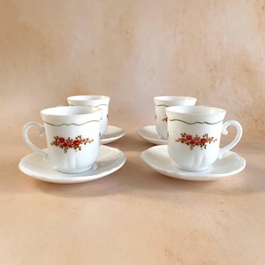 Vintage French Arcopal Rose Milk Glass Tea or Coffee Cups & Saucers – Set of 4 – Shabby Chic Floral Cups – Cottagecore Kitchen