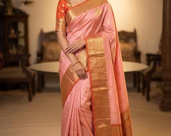 Light Pink Kanchipuram silk saree with orange border silk mark certified