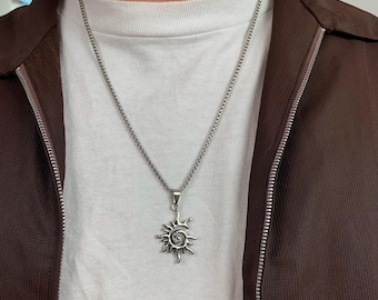 Vintage y2k style Swirling Sun Pendant grunge Stainless Steel Silver chain necklace. Unisex