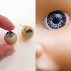 May include: Two prosthetic eyes with blue irises and black pupils are displayed next to a close-up of a doll's eye. The prosthetic eyes are beige with a black strip and a silver hook. The doll's eye is a close-up of a blue eye.