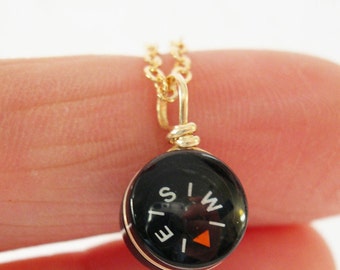 Tiny Compass Gold Necklace - Micro Black