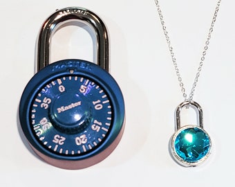 Working Blue Gem Padlock Necklace with Keys