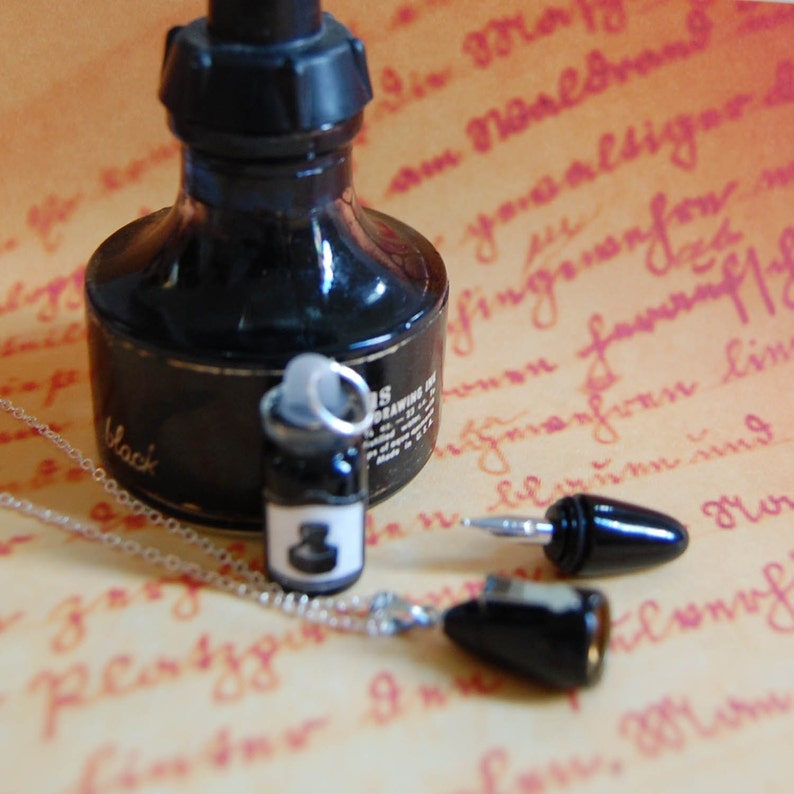 REAL Working Teeny Tiny Mini Fountain Pen Necklace with Ink Bottle Fountain of Youth image 1