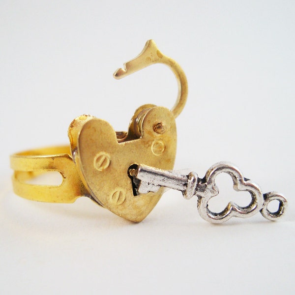 Mini Gold Secret Opening Padlock Adjustable Ring - Unlock My Heart