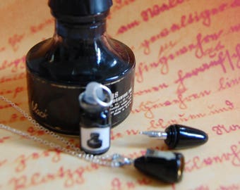 REAL Working Teeny Tiny Mini Fountain Pen Necklace with Ink Bottle - Fountain of Youth