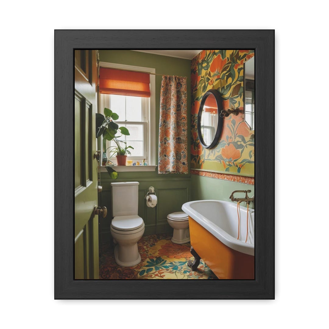 Vintage Orange and Green Bathroom Art, Retro Bathroom Decor, Americana