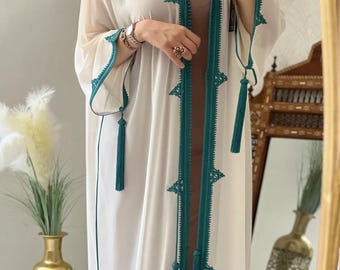 White Moroccan Caftan Bridal Set — Handmade 2‑Piece Nikah & Henna Dress, Modest Wedding Caftan, Plus Size Available