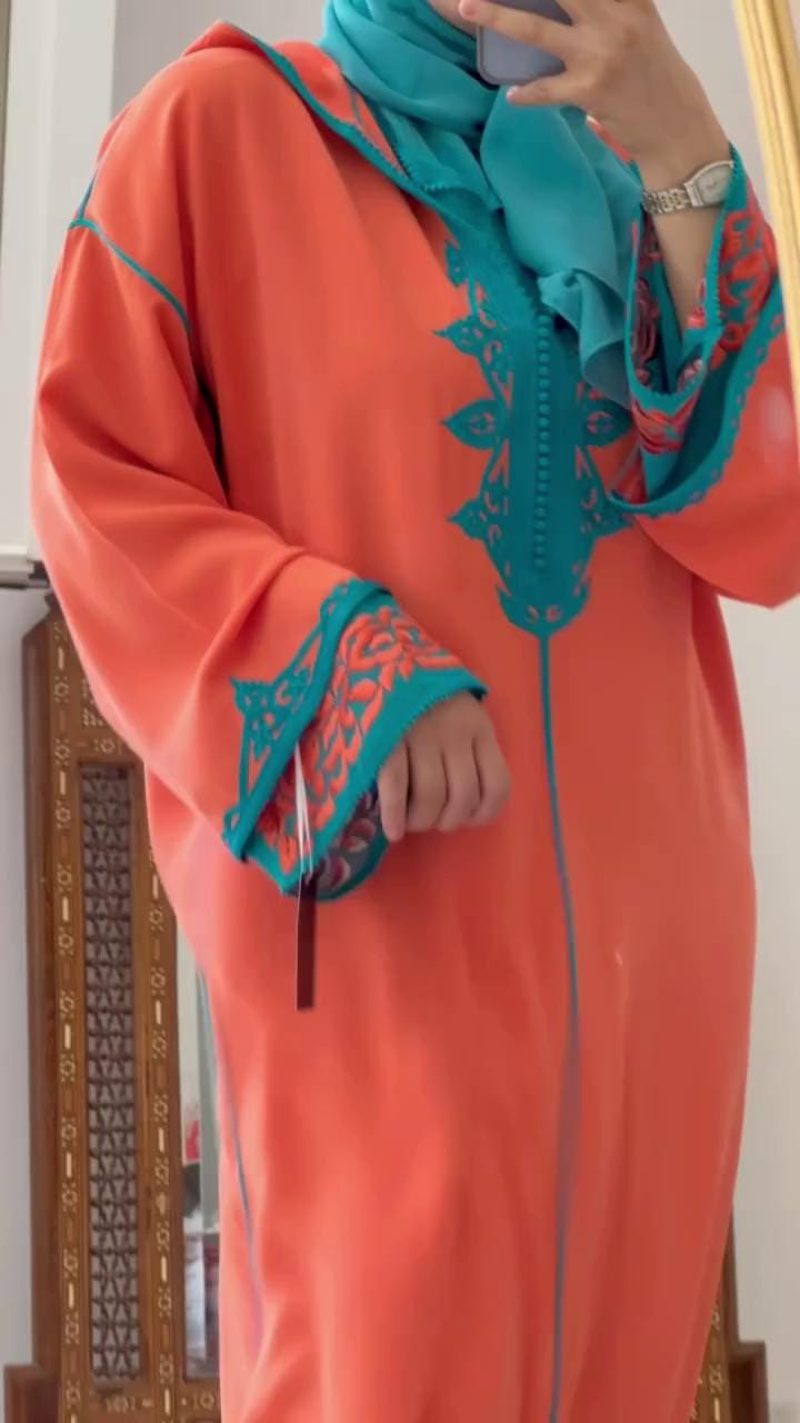 Handbeaded Moroccan Djellaba for Women, Hooded Orange Caftan