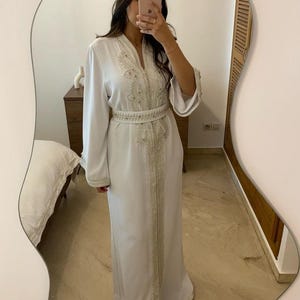 Off-White Silk Bridal Kaftan | Nikah Engagement Dress | Moroccan Wedding Abaya | Arabic Belted Kaftan | Gift for Her