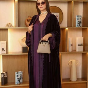 Silk Velvet Moroccan Kaftan | Dark Purple Abaya Dress | Linen Kimono Farasha | Wedding Guest Outfit | Gift for Her