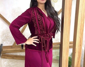 Nikah-jurk, luxe Marokkaanse kaftan, jurk moslim bruid, bescheiden bruiloft abaya, rood fluwelen kaftan, Eid-cadeau
