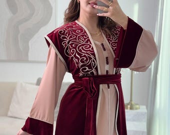 Marokkanisches Samtkaftankleid, muslimisches Hochzeitskleid, schlichtes Hochzeitskleid, Takchita Djellaba Abaya, arabisches Hochzeitsgast-Outfit