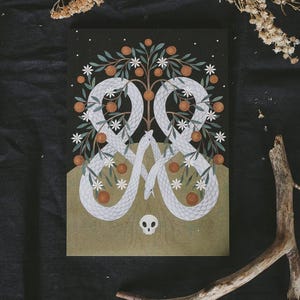 May include: Illustration of two intertwined white snakes forming a tree shape, adorned with orange fruits and white flowers, set against a dark background. A skull is at the base of the tree. The artwork has a vintage, botanical theme.