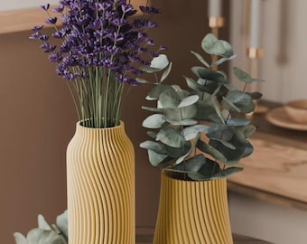 Set of 2 Beige Wave Vases – 18cm & 12cm Decorative 3D Printed Eco-Friendly PLA Modern Minimalist Vases for Dried Flowers