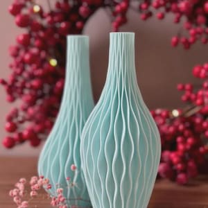 Set of 2 Blue Wave Vases – 20cm Decorative 3D Printed Eco-Friendly PLA Modern Minimalist Vases for Dried Flowers