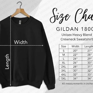 May include: Black unisex Gildan 18000 crewneck sweatshirt size chart with measurements in inches for sizes S through 5XL. The chart shows width and length measurements for each size.