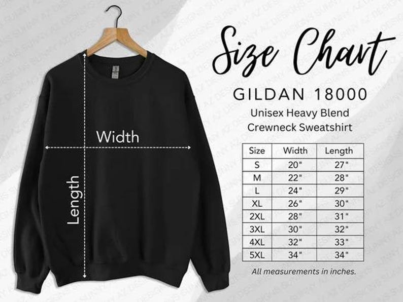 May include: Black unisex Gildan 18000 crewneck sweatshirt size chart with measurements in inches for sizes S through 5XL. The chart shows width and length measurements for each size.