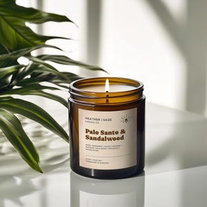 Palo Santo and Sandalwood Candle in Amber Jar, Hand Poured Soy Candle for Relaxation, Aromatherapy Scented for Meditation or Home Decor Gift