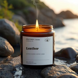 Leather Scented Candle: Hand Poured Soy Wax in Amber Jar