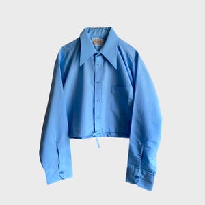 70s Blue Cotton Shirt, Reworked Vintage, Cropped Shirt Size L