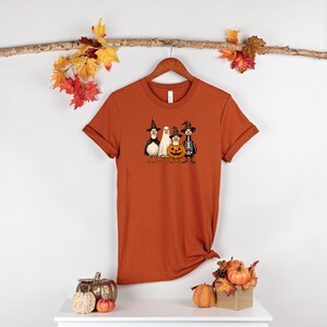 May include: Rust-colored t-shirt featuring a Halloween-themed graphic. The graphic depicts a penguin, a ghost, a jack-o'-lantern, and a skeleton, all wearing witch hats. The shirt is hanging on a wooden hanger.
