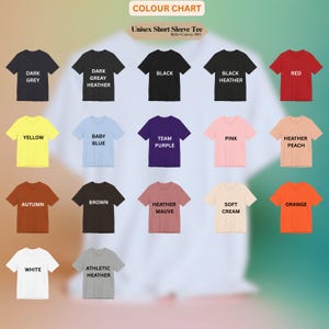 May include: A color chart of Unisex Short Sleeve Tees in various colors, including Dark Grey, Black, Red, Yellow, Baby Blue, Pink, and Orange. The text "COLOUR CHART" and "Unisex Short Sleeve Tee" are displayed at the top.