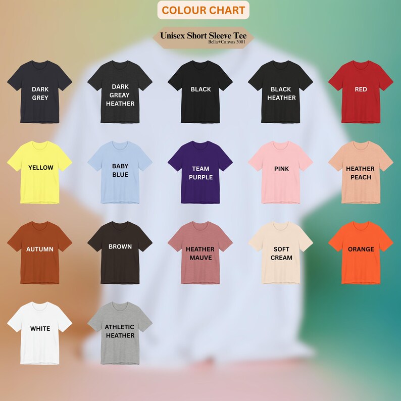 May include: A color chart of Unisex Short Sleeve Tees in various colors, including Dark Grey, Black, Red, Yellow, Baby Blue, Pink, and Orange. The text "COLOUR CHART" and "Unisex Short Sleeve Tee" are displayed at the top.