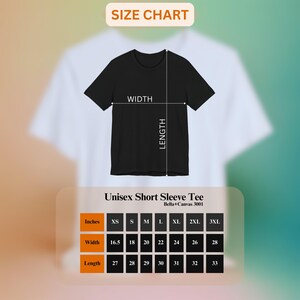 May include: A black Unisex Short Sleeve Tee with a size chart. The chart shows measurements in inches for width and length, ranging from XS to 3XL. The width measurements range from 16.5 inches to 28 inches, and the length measurements range from 27 inches to 33 inches.
