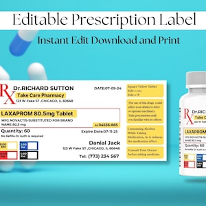 Modelo de rótulo de prescrição, rótulo de frasco de comprimidos, modelo de rótulo de frasco RX, rótulo de prescrição personalizado, modelo Canva editável, modelo de rótulo