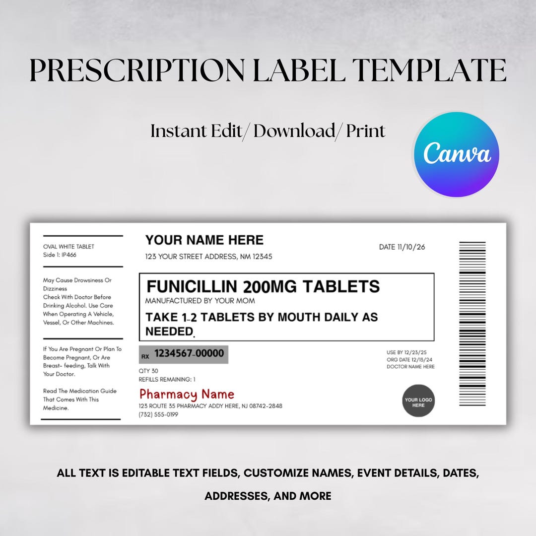 Prescription Label Template, Pill Bottle Label, RX Bottle Label ...