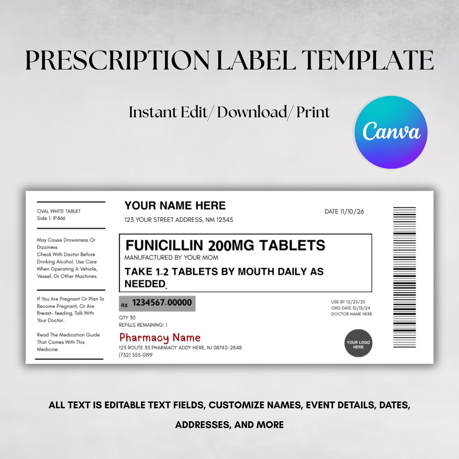 Prescription Label Template, Pill Bottle Label, RX Bottle Label ...
