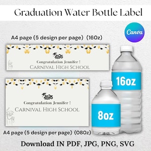 Afstuderen waterfles labelsjabloon, afstudeerfeest gunst, afstudeerfeest, aangepaste sticker, 8oz waterfles labelsjabloon, bewerkbaar
